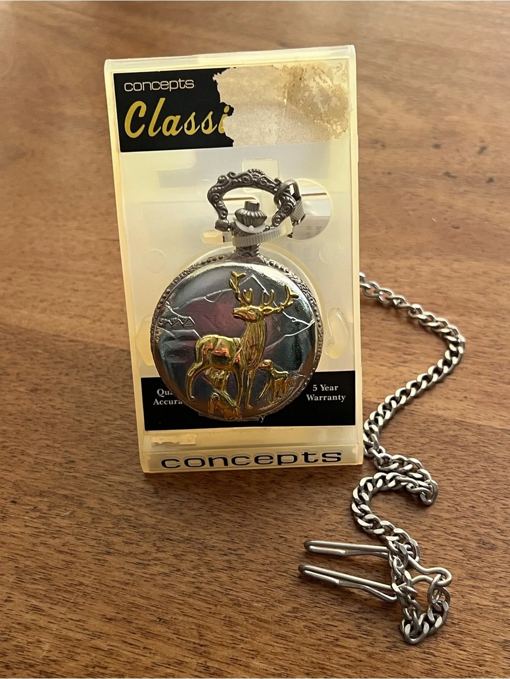 Vintage Silver and Gold Deer Pocket Watch NIB needs battery